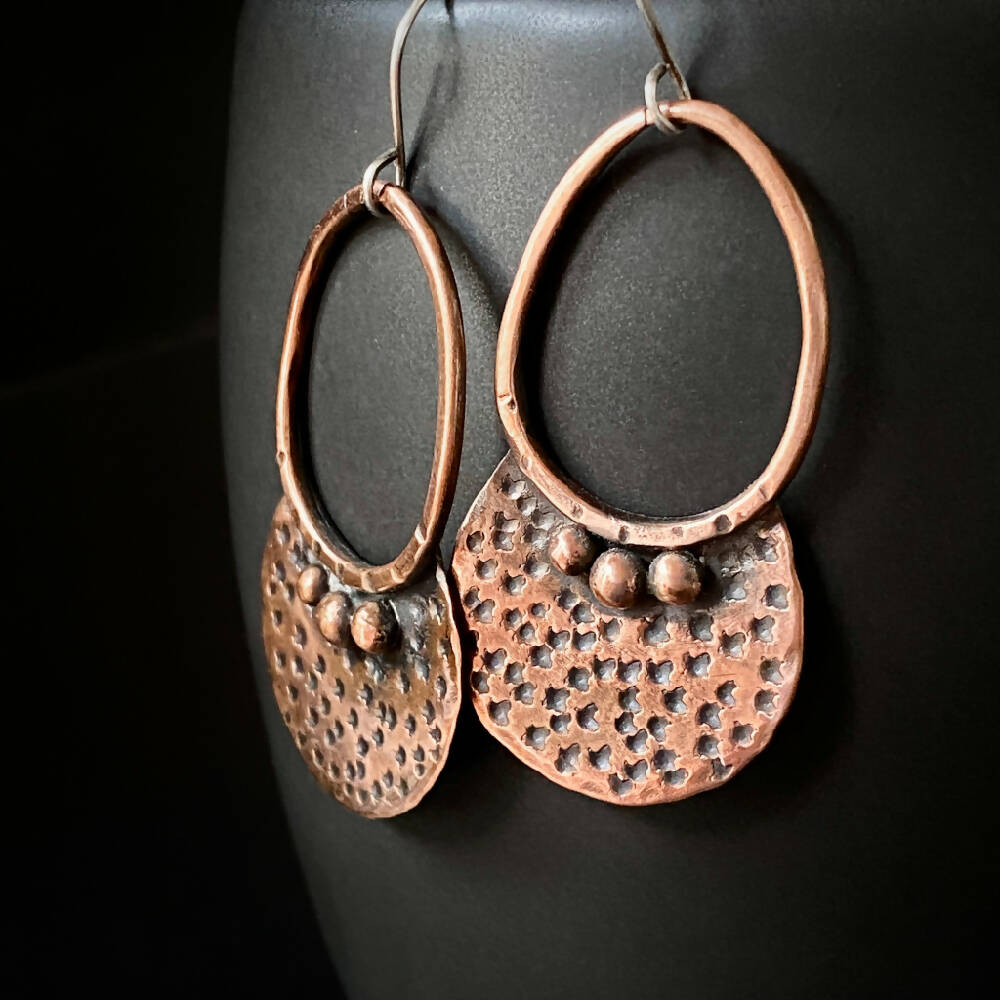 Earrings Copper Textured Hoop Dangles D