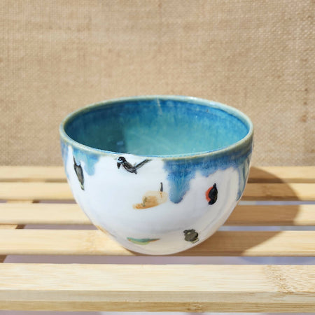 Green and blue glazed porcelain birb doodle bowl, handmade in tassie