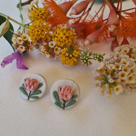 Earrings, Coral Protea Studs