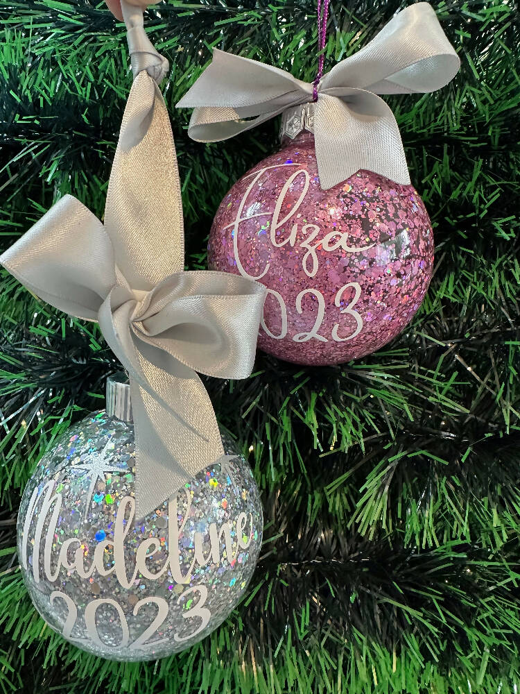 Personalised Christmas Baubles, Glitter Ornament With Names And Message