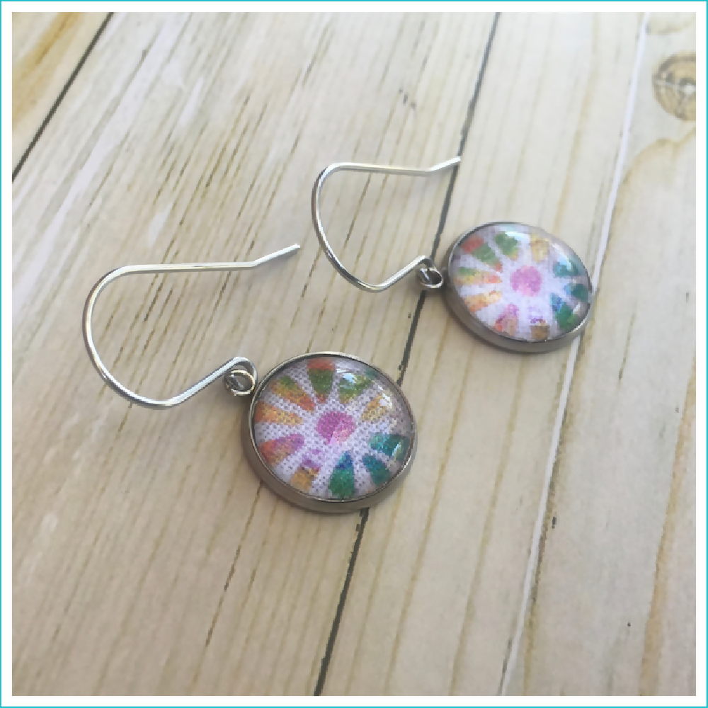 Colourful Flower Stainless Steel Glass Cabochon Earrings