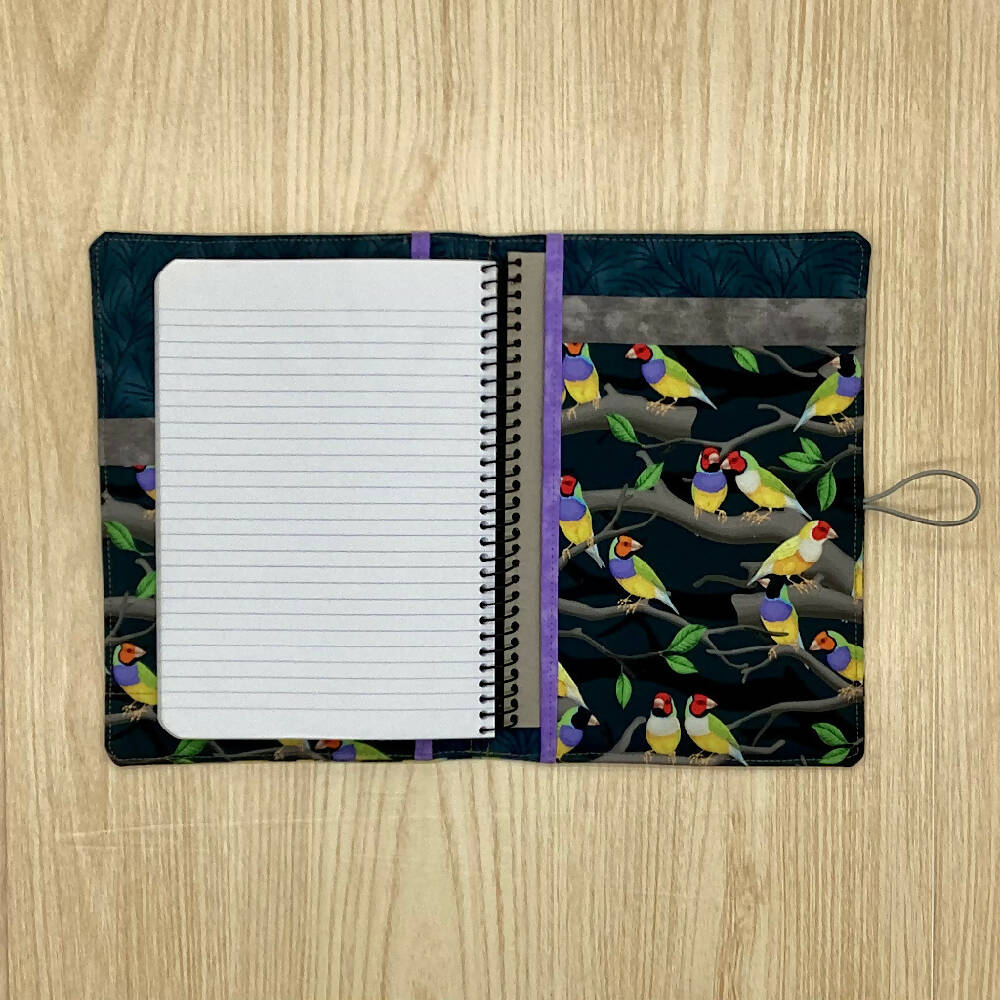 Gouldian Finches refillable A5 fabric notebook cover gift set - Incl. book and pen.