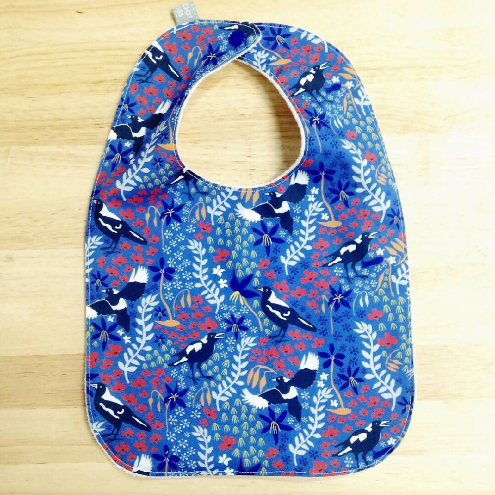 bib - blue magpies / organic cotton hemp fleecy / baby toddler
