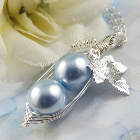 Two Blue Peas In A Pod Silver Necklace