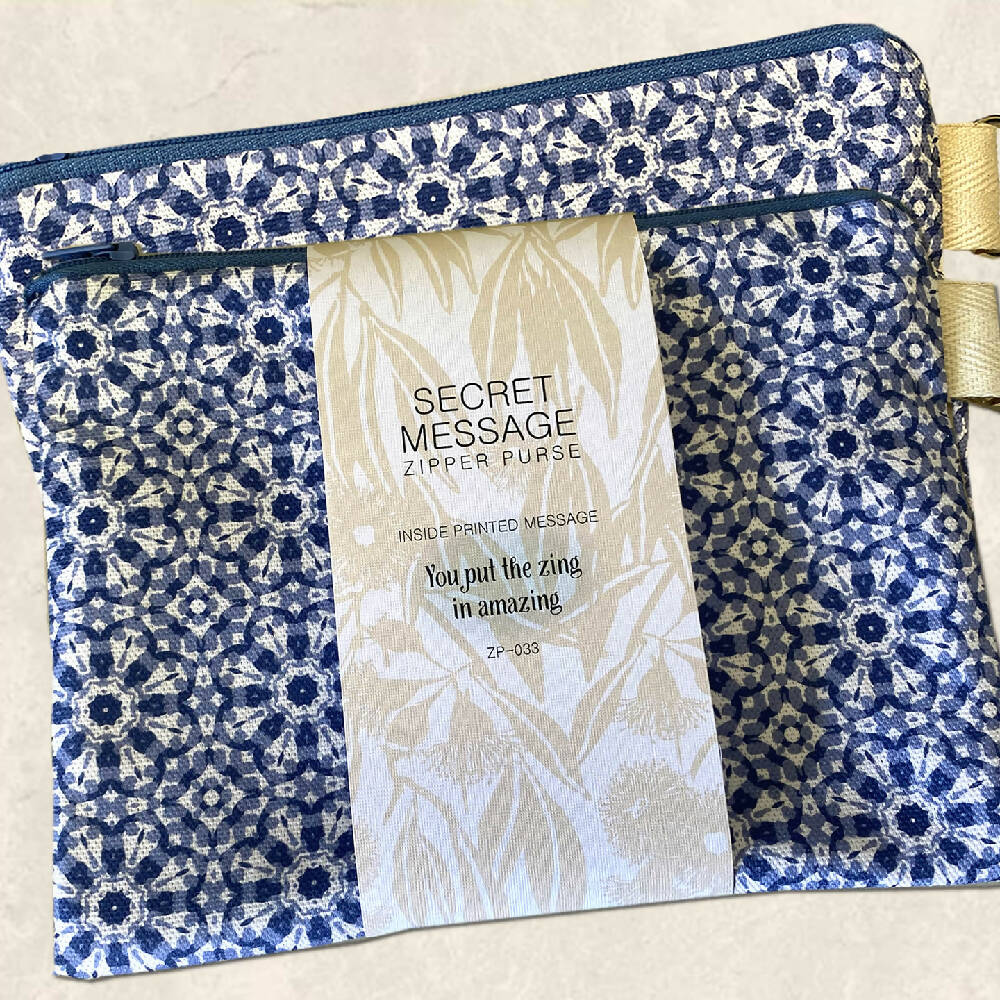 Secret Message Zipper Purse - Hamptons style blue mosaic tile print #33