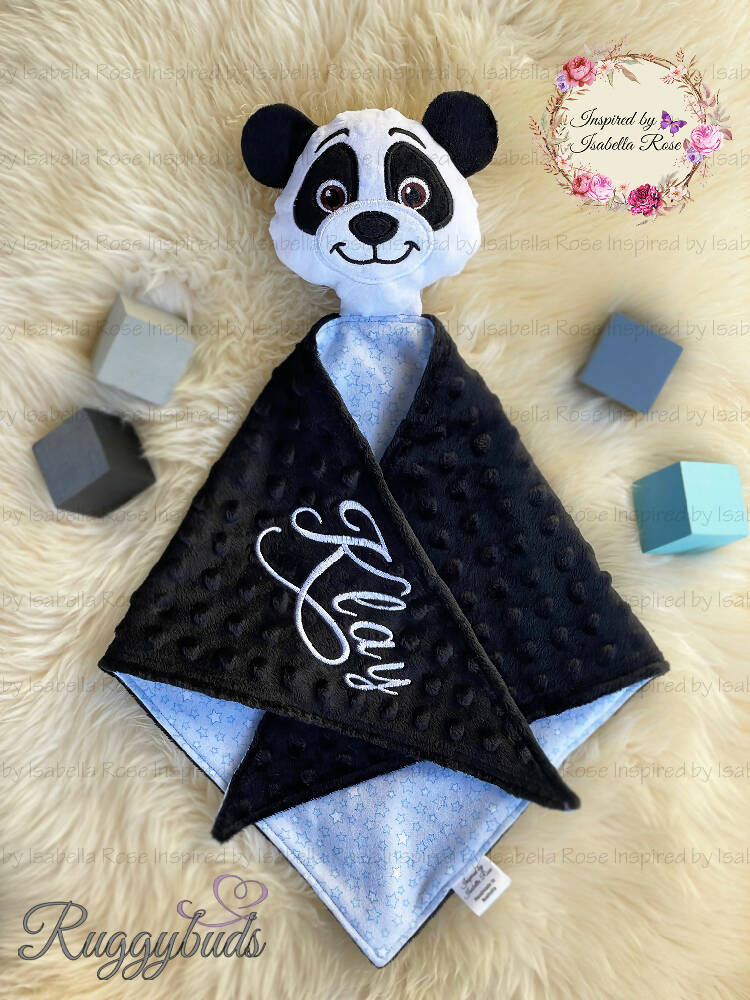 Baby comforter, Embroidered name, Panda themed Ruggybud, Made to order