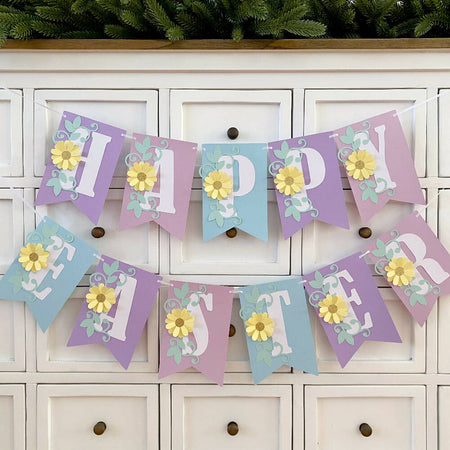 Happy Easter banner, pastel floral decor with daisies.