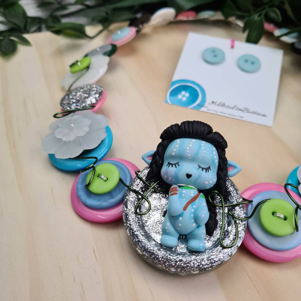 Button Necklace Blue Alien Button Jewellery and Earrings