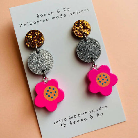 Copper / silver sparkle / flower earrings