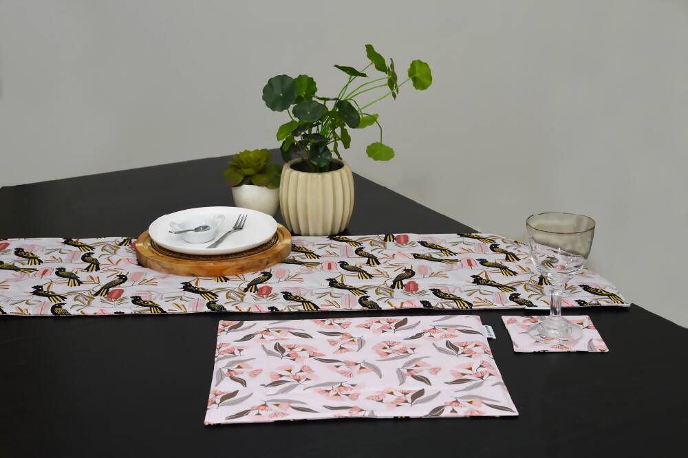 handmade Australian native reversible - black cockatoo & pink blossoms