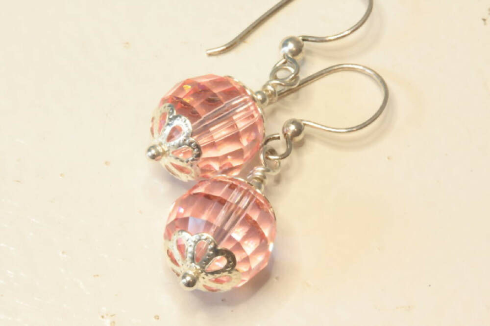 Pink Swarovski Chess Board Crystal Sterling Silver Earrings