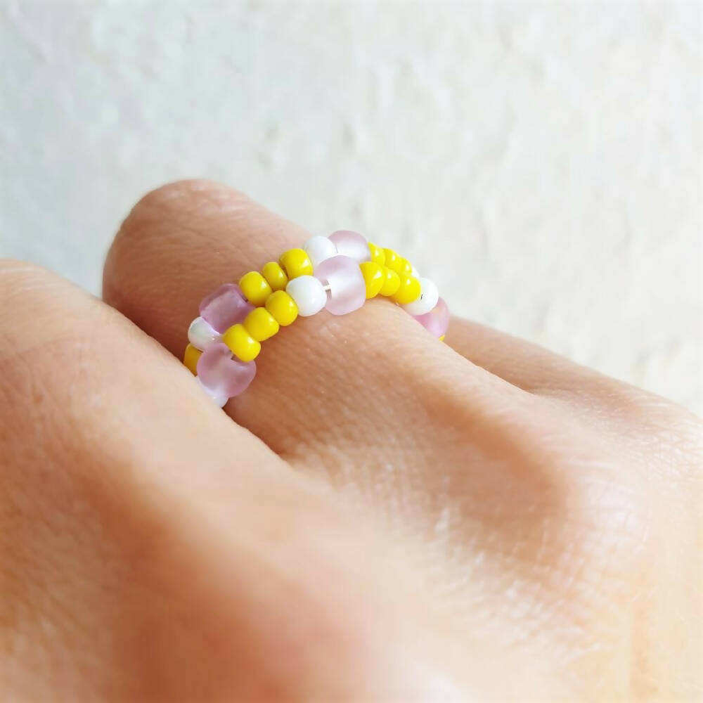 Colourful floral colour seed bead 2 line memory wire ring
