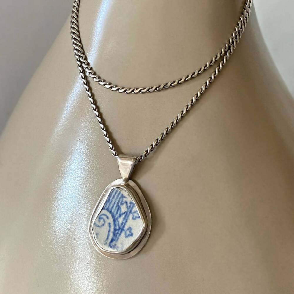Sterling Silver Sea Pottery Bezel Set Pendant - Blue Stems L
