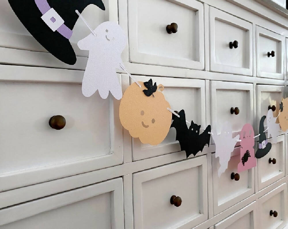 Halloween banner. Cute Holiday decor, ghost, pumpkin, bats.