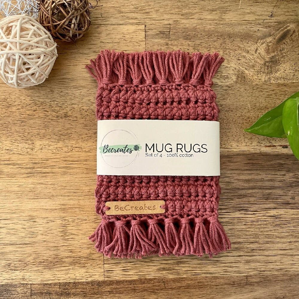 Mug Rug | Crochet Coaster with fringed edge - Rust Brown