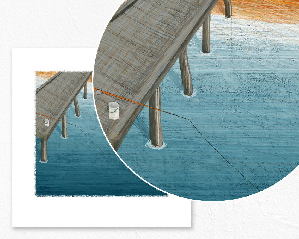Fishing Abstract Art Print, Blue ocean and Beachside jetty, Modern fishing illustration