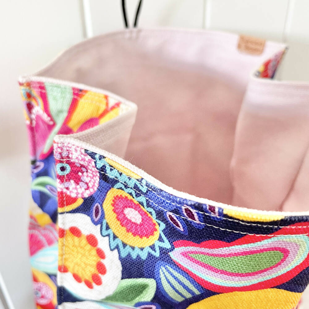 Lunch Bag Cotton Canvas~ Reusable, Fold Over~ Bright Blooms