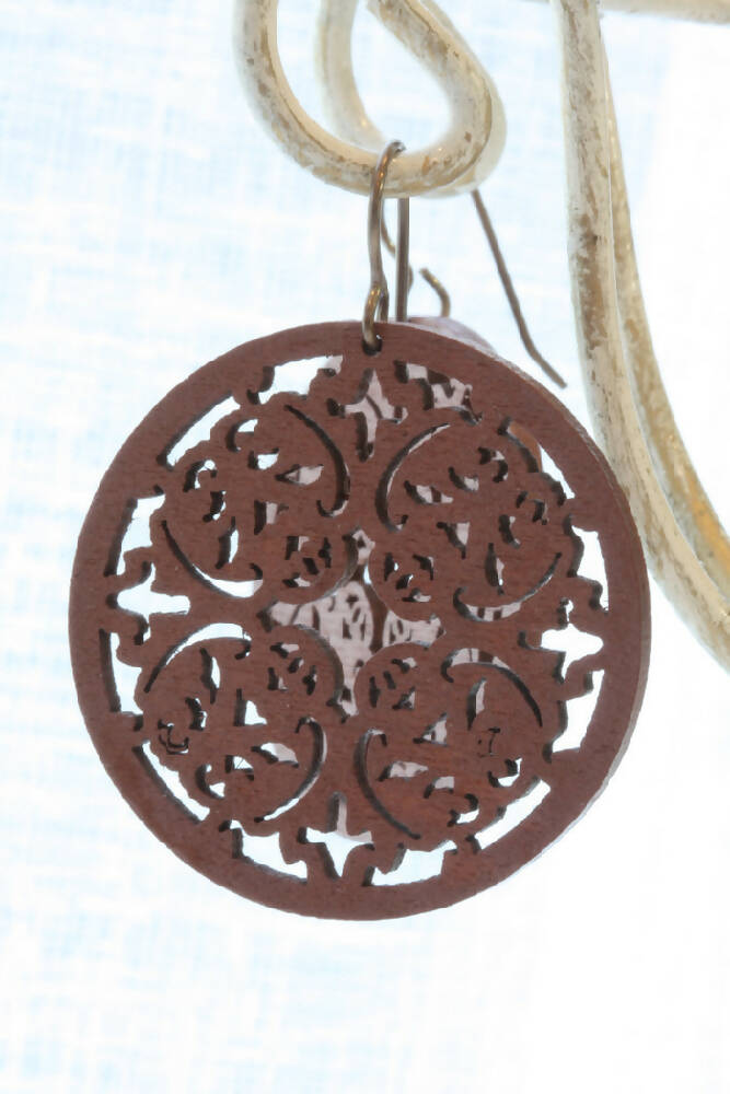 Wooden Filigree Round Earrings Brown