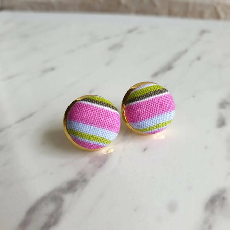 1.4cm Round Cabochon pink stripe fabric stud earrings No.10