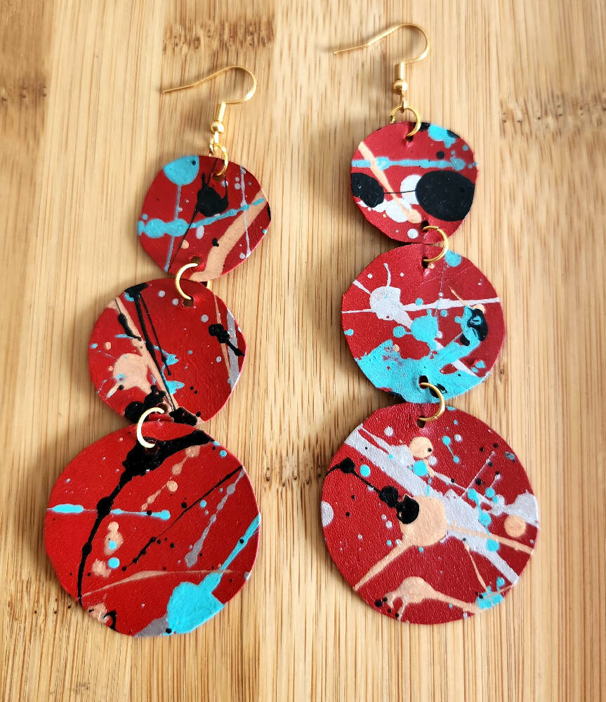 Lightweight splatter red statement leather dangle earrings