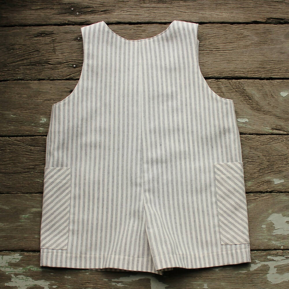 Toddler Romper - Size 1 - Grey Stripe Linen