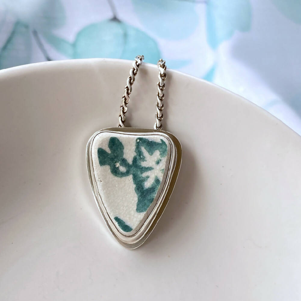 Pendant Sterling Silver Sea Pottery Green Blue Flowers O