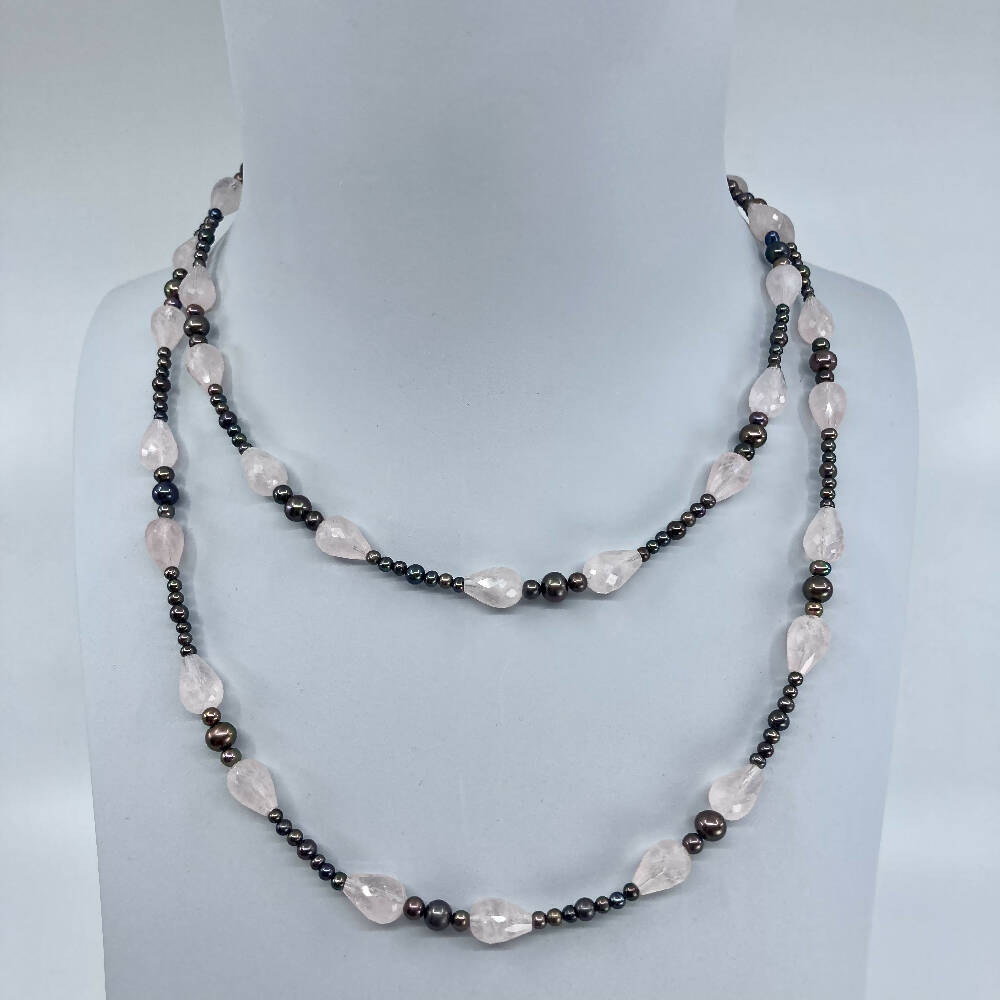 Rose quartz and black fresh water pearls long necklace