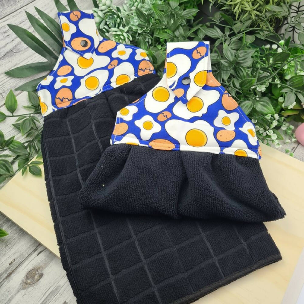 Hand Towel Fabric Colourful Button Kitchen Fried Eggs Blue Black Yolk (1)