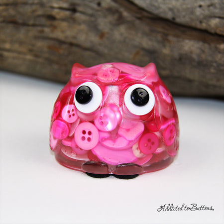 Button Owl - Pink Buttons & Resin - Paperweight - Solid Button Filled Ornament