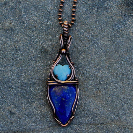 Lapis Lazuli and Larimar heart pendant in copper with chain
