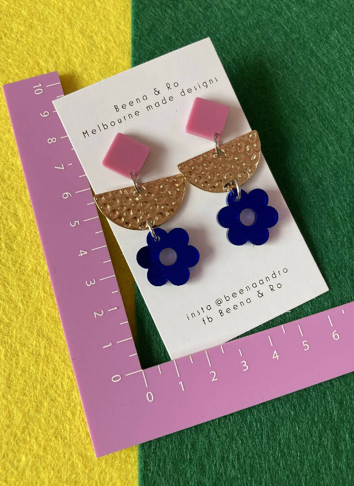 Mirror blue flower earrings