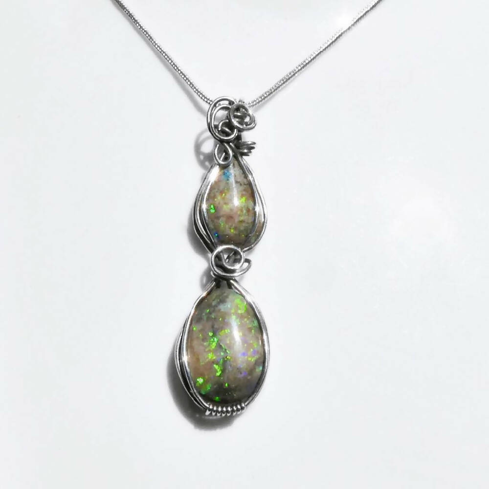 Two Andamooka opals pendant antiqued Sterling silver wire