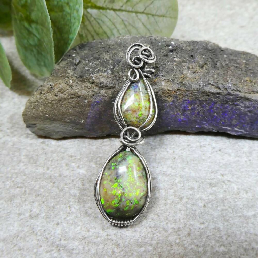 Two Andamooka opals pendant antiqued Sterling silver wire