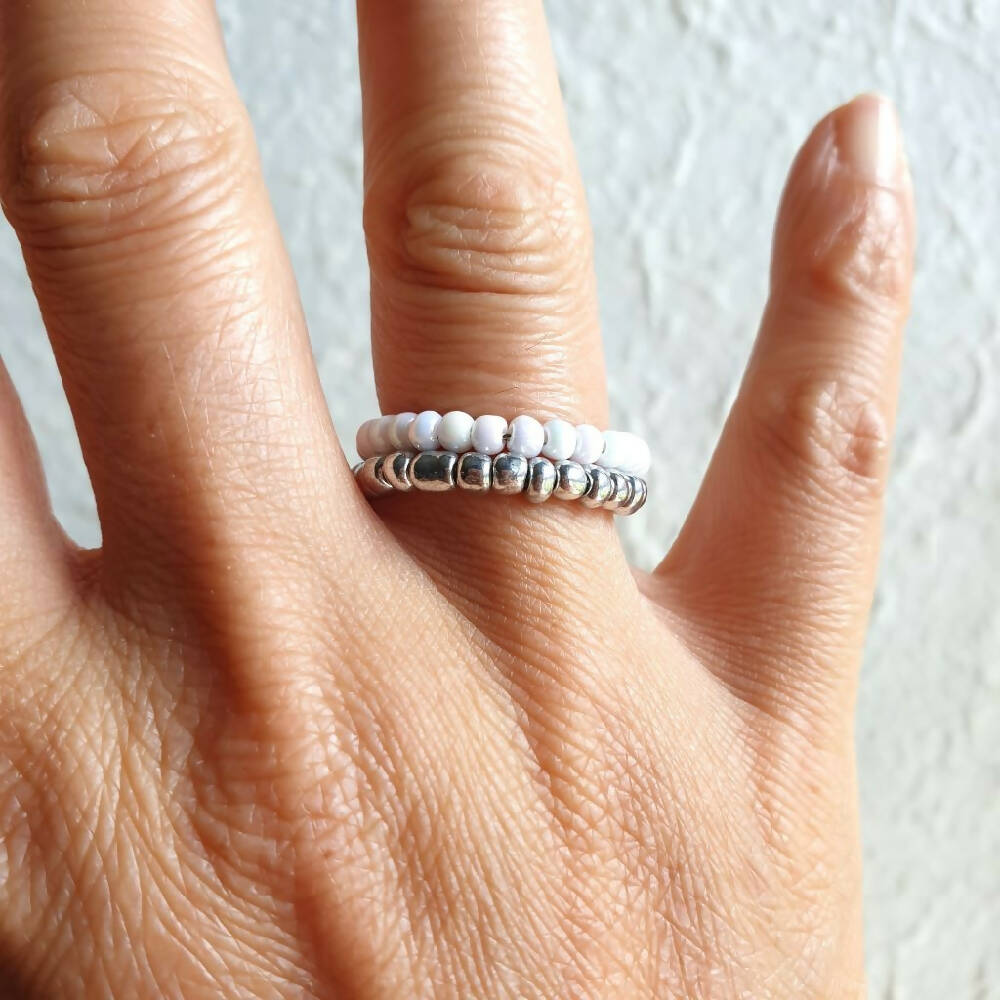 2 lined Silver White / Frost seed beads memory wire ring