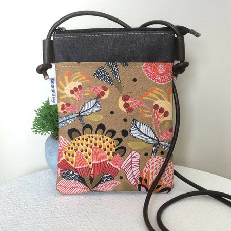 Cross Body Phone Sling Bag in Grey Canvas with Protea Pop
