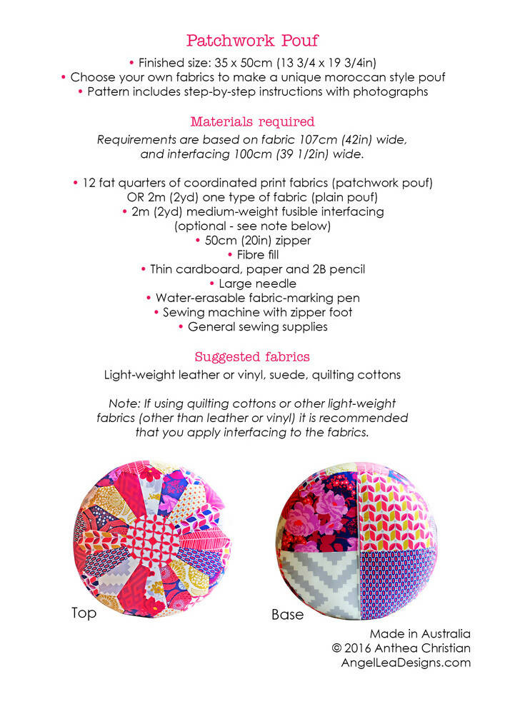 Patchwork Pouf HARD COPY Paper Sewing Pattern Moroccan Ottoman Pattern