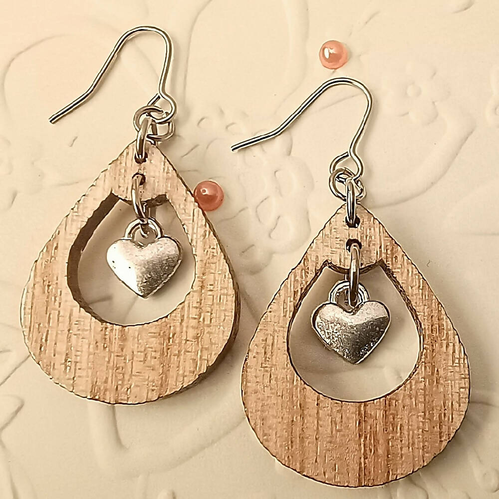 Wood & Heart Charm Teardrop Earrings