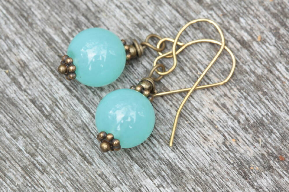 Aquamarine Glass Bead and Brass Beaded Earrings