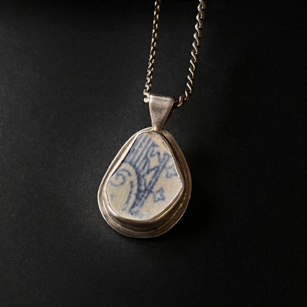 Sterling Silver Sea Pottery Bezel Set Pendant - Blue Stems D