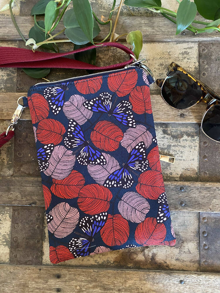 Mini & Small Crossbody Bag - Red Butterflies/Navy Faux Leather
