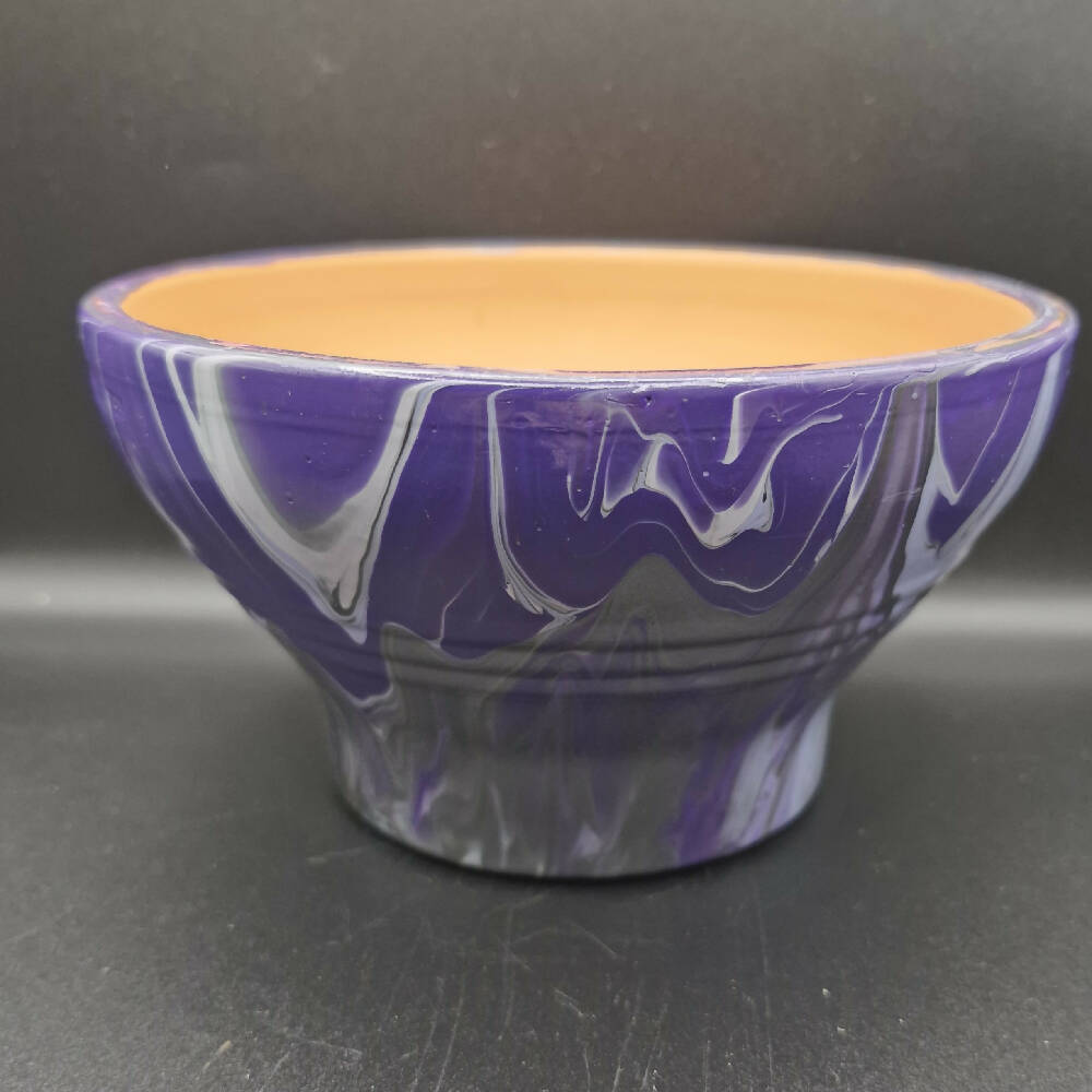Hand Painted Terracotta Pot 15cm Purple and Silver Acrylic Pour