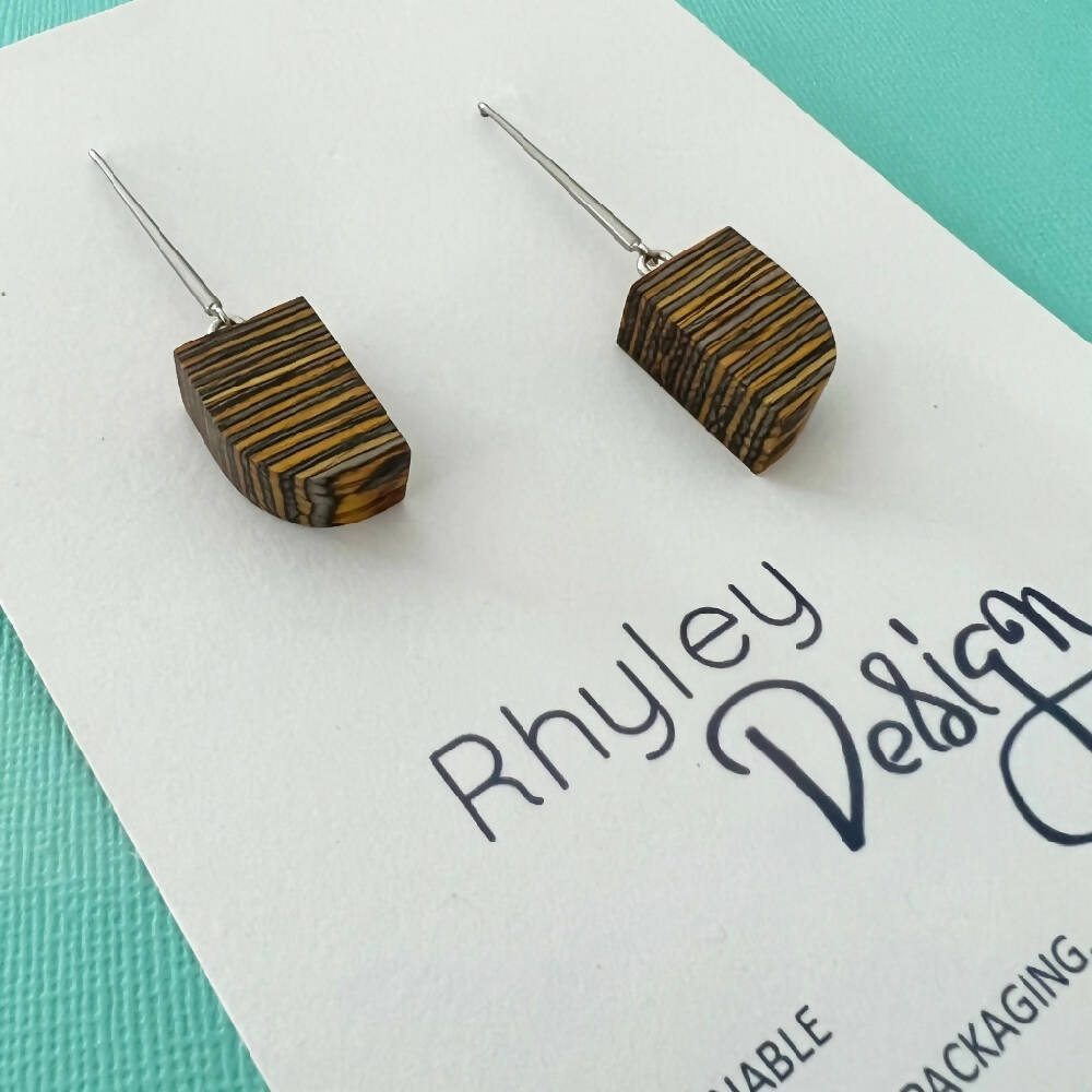 Unique Yellow and Grey Striped Wooden Earrings