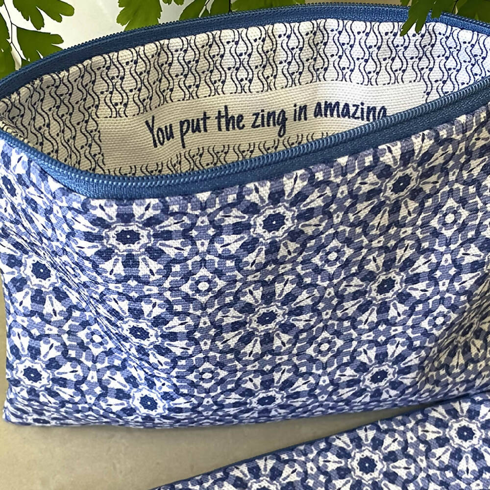 Secret Message Zipper Purse - Hamptons style blue mosaic tile print #33