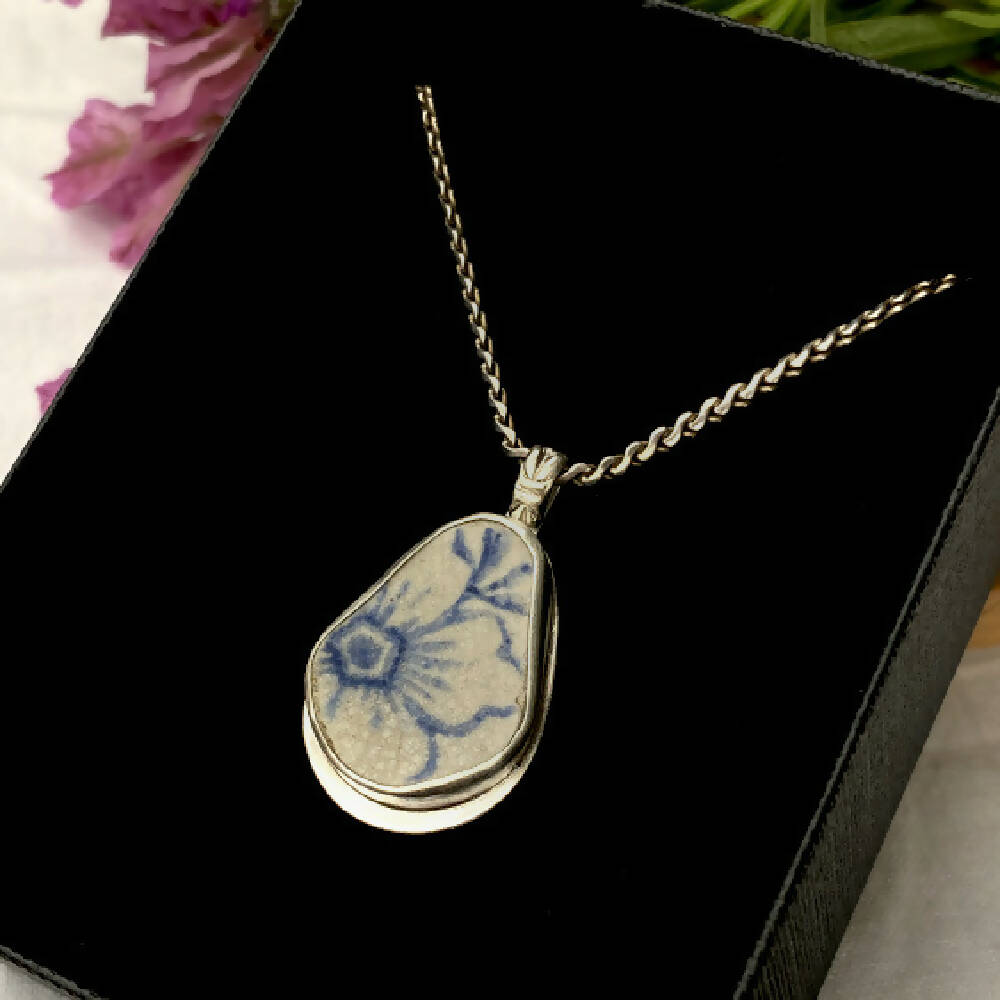 Sterling Silver Scottish Sea Pottery Pendant - Blue Flower4