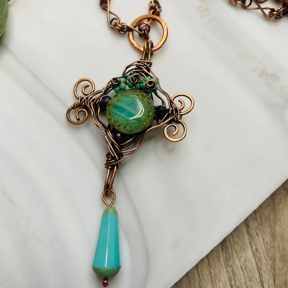 Turquoise Czech Glass Wire Wrapped Necklace