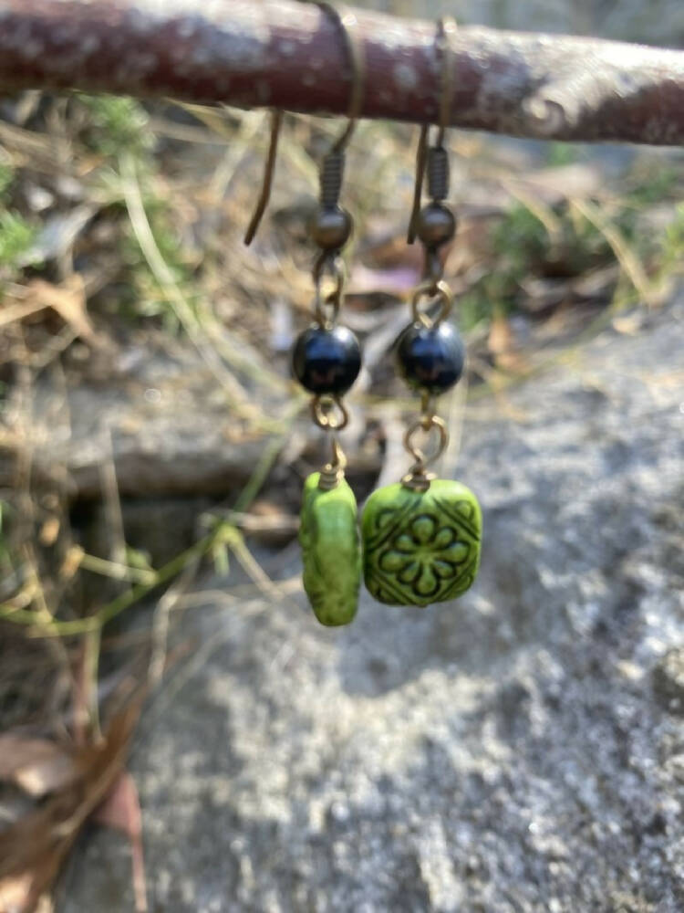 Gold Etched Green and Black Lucite and Brass Drop Earrings