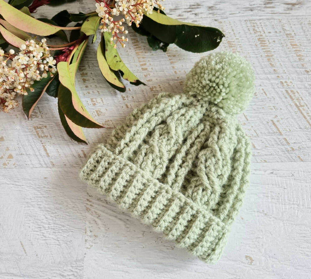 Baby Beanie Sage Green |Newborn Crochet| Knit Cable Hat