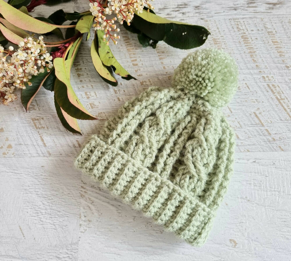 Baby Beanie Sage Green Newborn Crochet Knitted Cable Hat