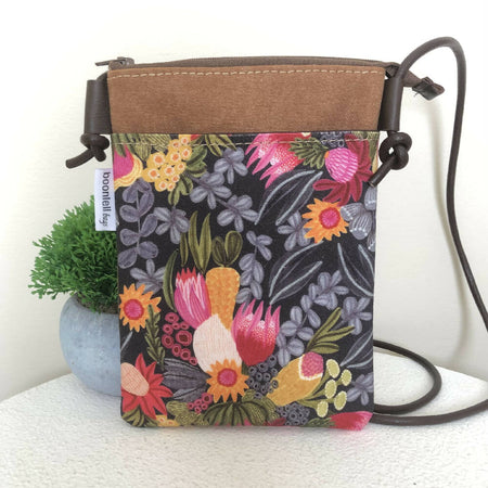 Cross Body Phone Sling Bag in Tan Canvas with White King Flower