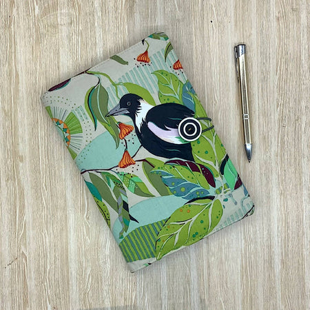 Australian Magpies refillable A5 fabric notebook cover gift set - Incl. book and pen.
